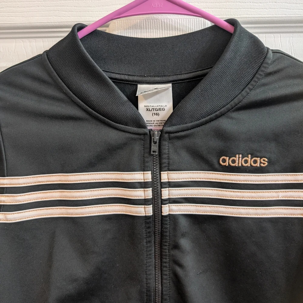 Adidas Youth Black With Rose‎ Gold Stripes Full Zip Track Jacket - Size XL